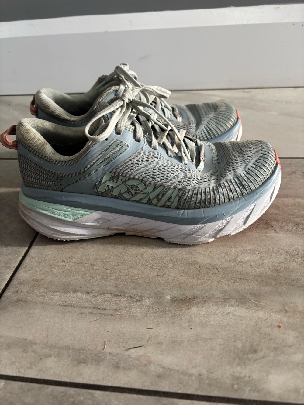 Hoka One One Women’s Light Blue and Coral Cushioned Running Sneakers